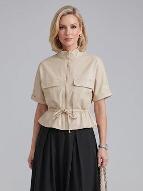 Women's Cream Utility Shirt Zip Front Cinched Waist Chest Pockets Short Jacket